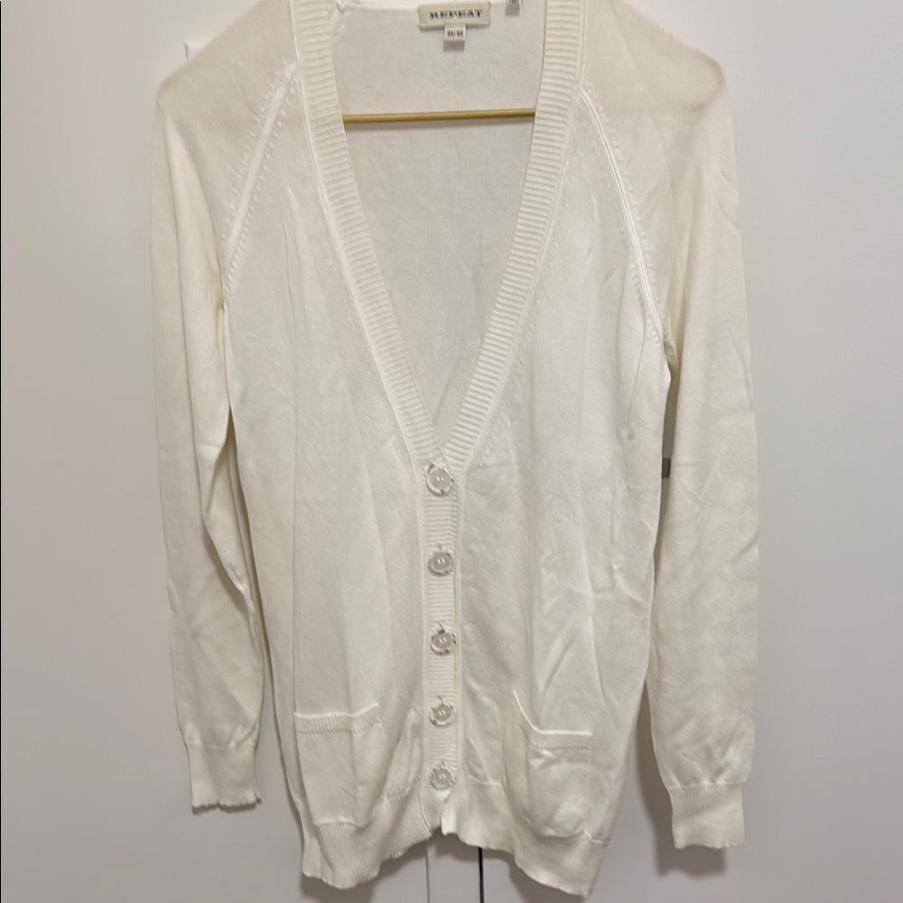 Repeat White Mid Length Cardigan with Button Front& Patch Pockets. Size 36/XS.
